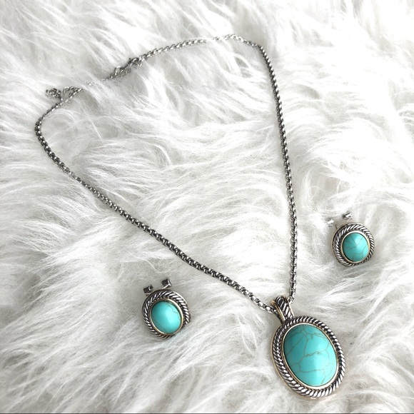 Turquoise Necklace and Earrings Jewelry Set -Round - Picture 3 of 5